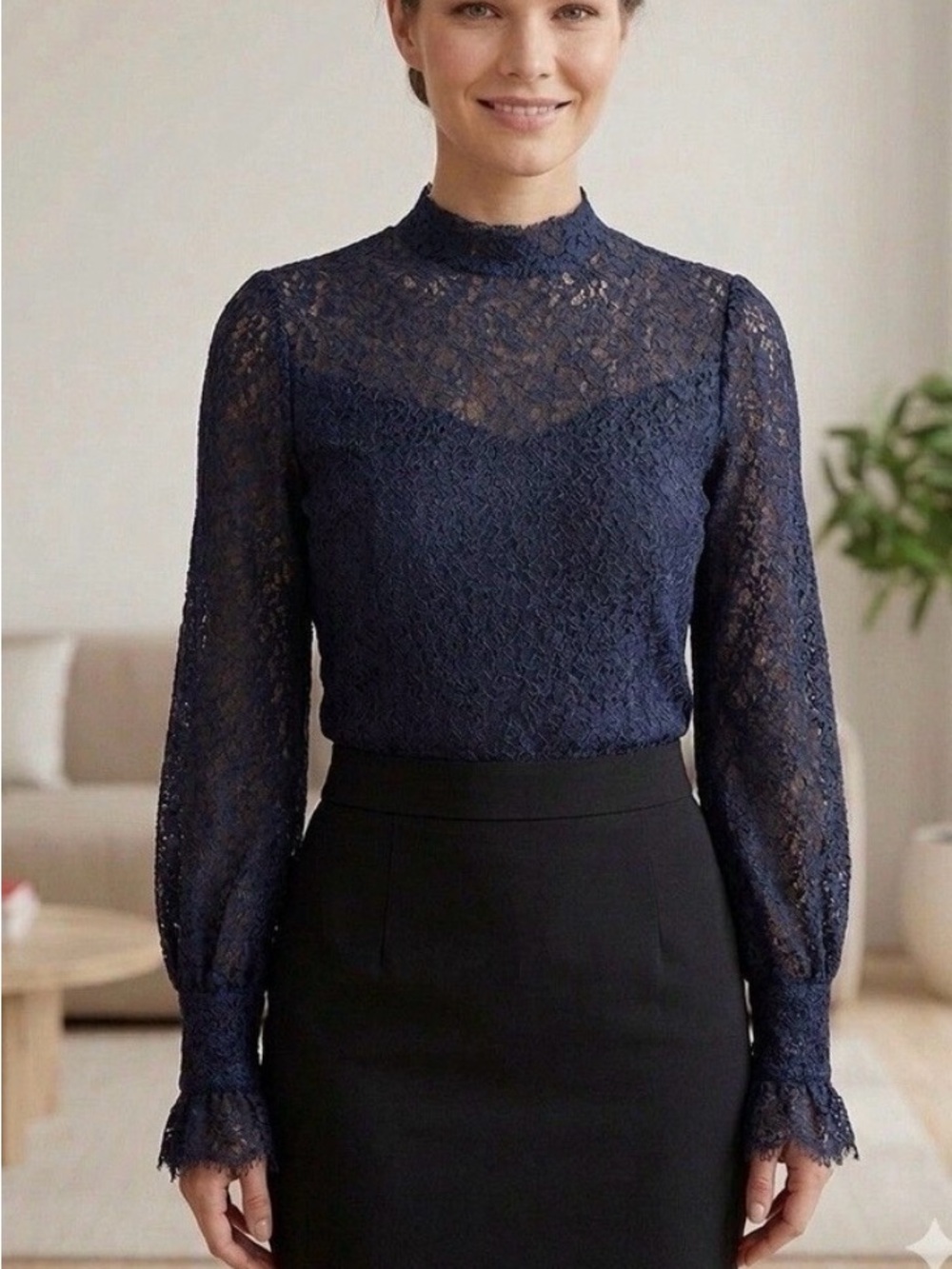 Sandro Paris Navy Lace High-Neck Long-Sleeve Women's Top